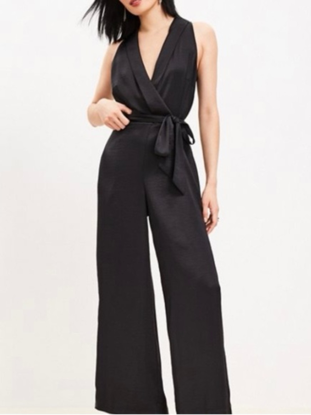 LOFT Black Satin Halter Wrap Wide-Leg Jumpsuit Size 10